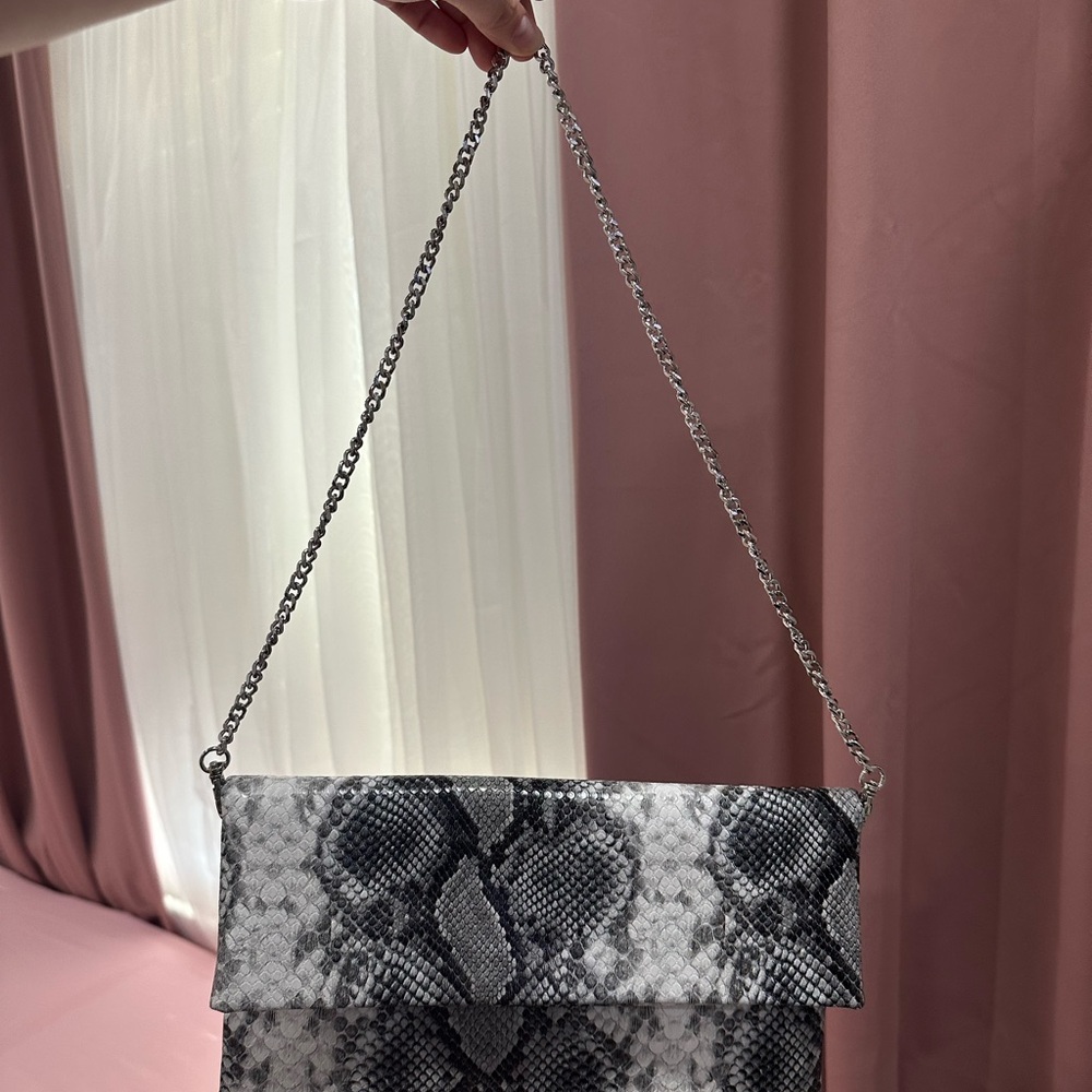 Express Silver-Chain Gray Snake-Print Foldover Shoulder Bag